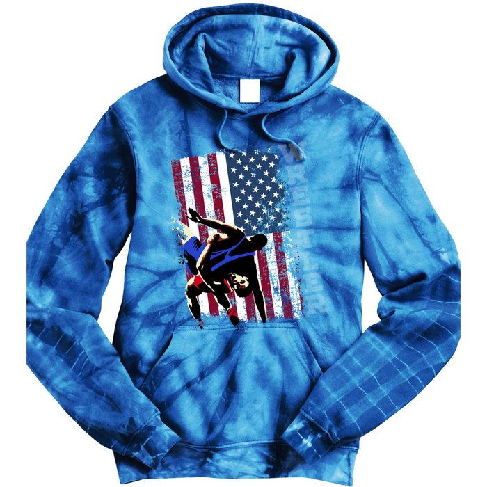 Distressed Look Wrestling Gift American Flag Gift Tie Dye Hoodie