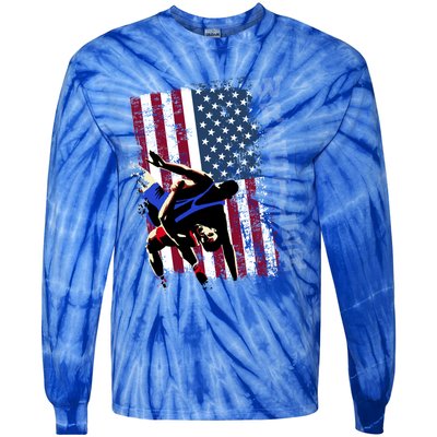 Distressed Look Wrestling Gift American Flag Gift Tie-Dye Long Sleeve Shirt