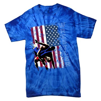 Distressed Look Wrestling Gift American Flag Gift Tie-Dye T-Shirt