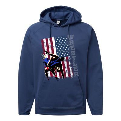 Distressed Look Wrestling Gift American Flag Gift Performance Fleece Hoodie