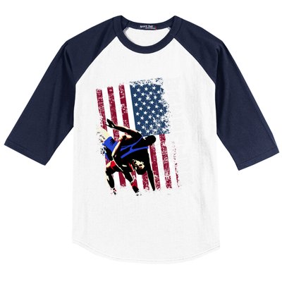 Distressed Look Wrestling Gift American Flag Gift Baseball Sleeve Shirt