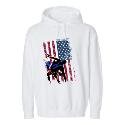 Distressed Look Wrestling Gift American Flag Gift Garment-Dyed Fleece Hoodie