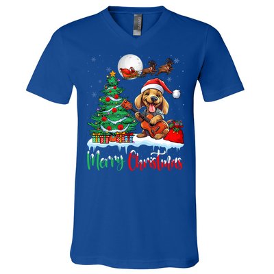 Dog Lover Xmas Tree Santa Hat Merry Christmas Dachshund Dog Great Gift V-Neck T-Shirt