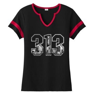 Detroit Michigan 313 Area Code Pride Skyline Ladies Halftime Notch Neck Tee