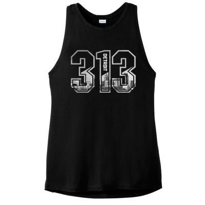 Detroit Michigan 313 Area Code Pride Skyline Ladies PosiCharge Tri-Blend Wicking Tank