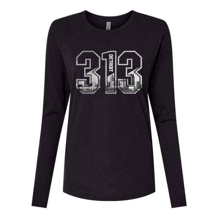 Detroit Michigan 313 Area Code Pride Skyline Womens Cotton Relaxed Long Sleeve T-Shirt