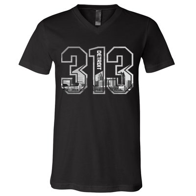 Detroit Michigan 313 Area Code Pride Skyline V-Neck T-Shirt