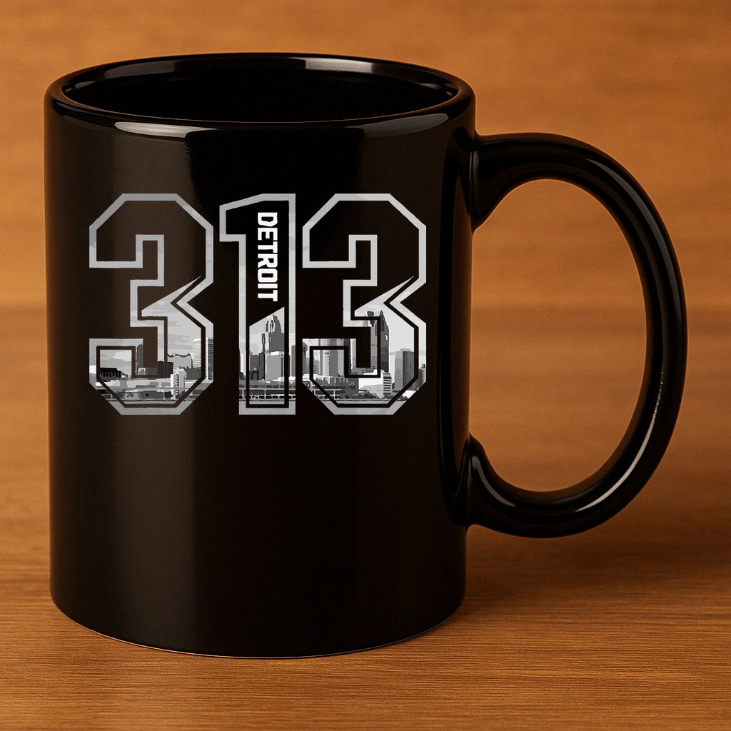 Detroit Michigan 313 Area Code Pride Skyline 11oz C Handle Ceramic Mug