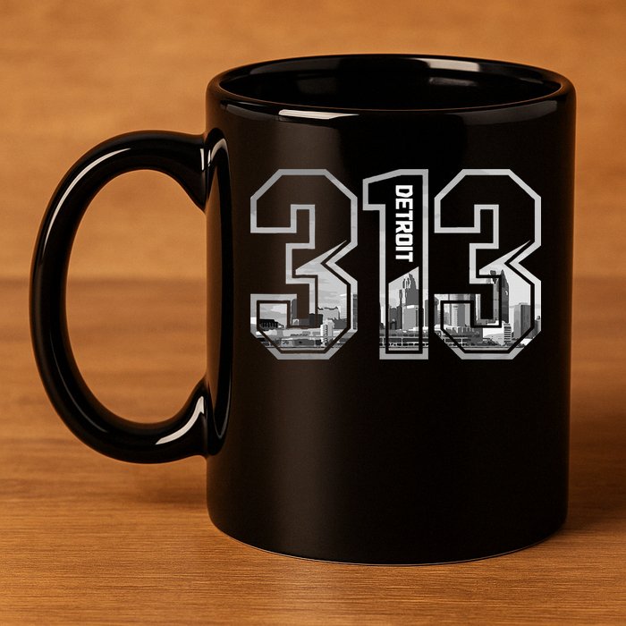 Detroit Michigan 313 Area Code Pride Skyline 11oz C Handle Ceramic Mug