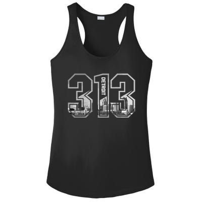 Detroit Michigan 313 Area Code Pride Skyline Ladies PosiCharge Competitor Racerback Tank