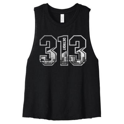 Detroit Michigan 313 Area Code Pride Skyline Women's Racerback Cropped Tank