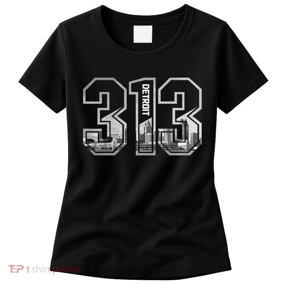 Detroit Michigan 313 Area Code Pride Skyline Womens T-Shirt