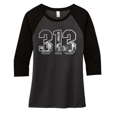 Detroit Michigan 313 Area Code Pride Skyline Women's Tri-Blend 3/4-Sleeve Raglan Shirt