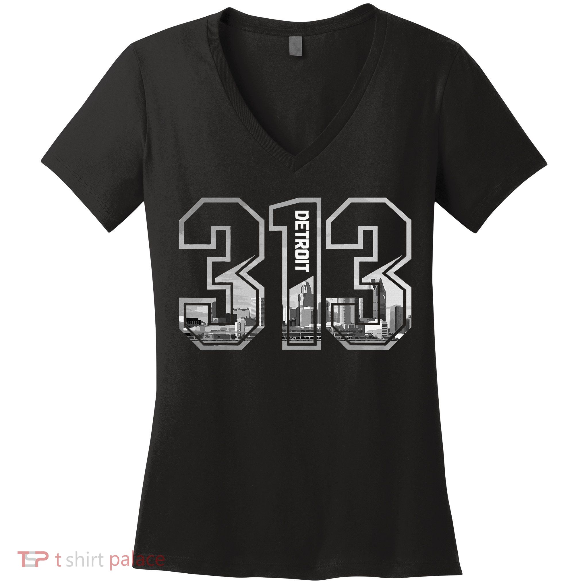 Detroit Michigan 313 Area Code Pride Skyline Women's V-Neck T-Shirt
