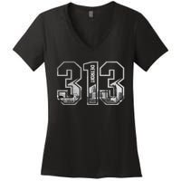 Detroit Michigan 313 Area Code Pride Skyline Women's V-Neck T-Shirt