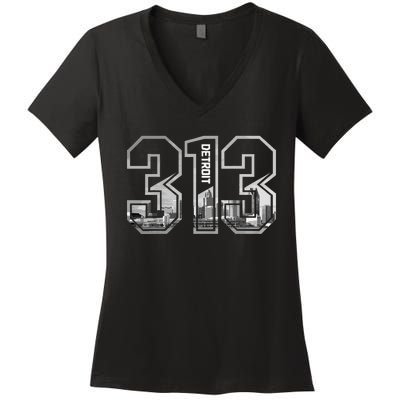 Detroit Michigan 313 Area Code Pride Skyline Women's V-Neck T-Shirt