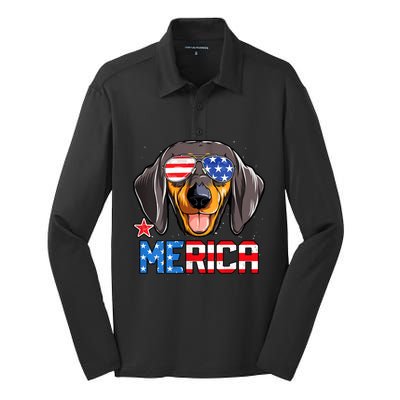 Dachshund Merica 4th Of July Usa American Flag Silk Touch Performance Long Sleeve Polo