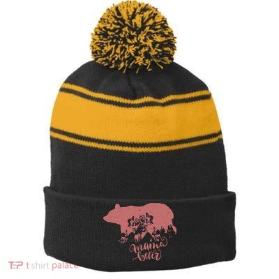 Distressed Mama Bear Stripe Pom Pom Beanie