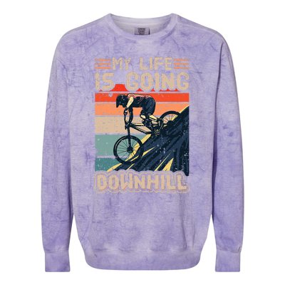 Downhill Mountain Bike Bicycle My Life Is Going Downhill Vintage Colorblast Crewneck Sweatshirt