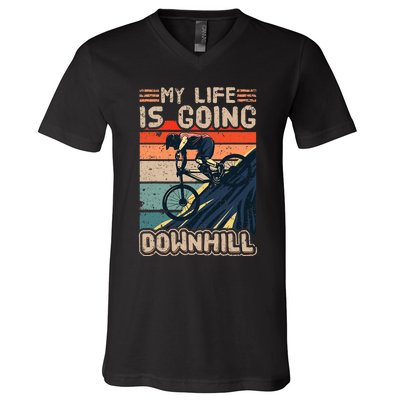 Downhill Mountain Bike Bicycle My Life Is Going Downhill Vintage V-Neck T-Shirt