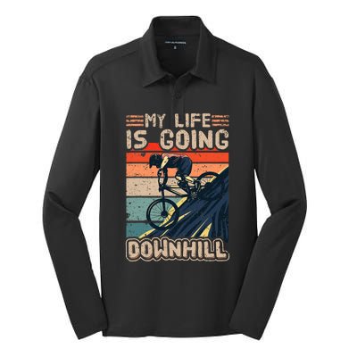 Downhill Mountain Bike Bicycle My Life Is Going Downhill Vintage Silk Touch Performance Long Sleeve Polo