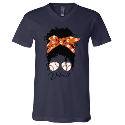 Detroit Messy Bun Baseball Fan Souvenir I Love Detroit V-Neck T-Shirt