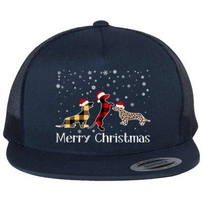 Dachshund Merry Christmas Cute Plaid Leopard Doxie Dog Xmas Gift Flat Bill Trucker Hat