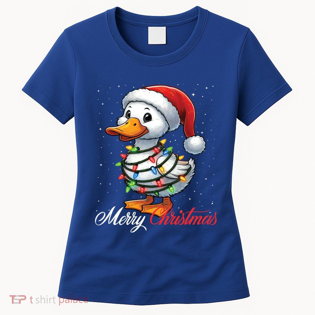 Duck Merry Christmas Lights Santa Hat Xmas Snow Gift Womens T-Shirt