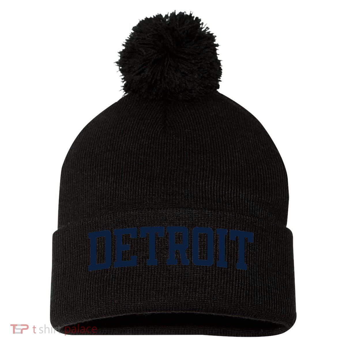 Detroit Michigan Collegiate Style Varsity Block Letter Pom Pom 12in Knit Beanie