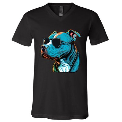 Dad Mom Cool Dog Sunglasses Pitbull V-Neck T-Shirt