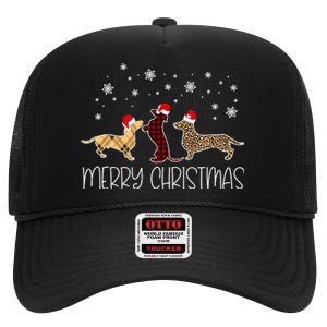 Dachshund Merry Christmas Cute Plaid Leopard Doxie Dog Xmas High Crown Mesh Back Trucker Hat