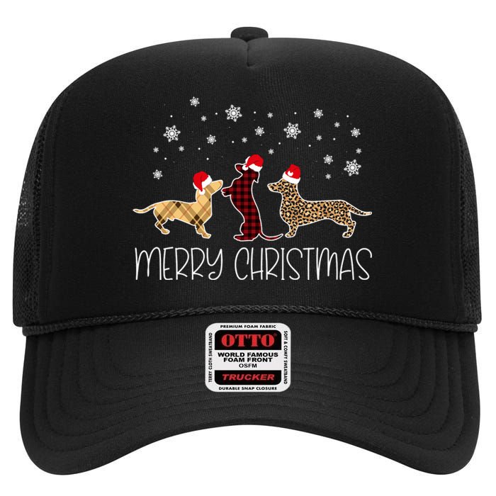 Dachshund Merry Christmas Cute Plaid Leopard Doxie Dog Xmas High Crown Mesh Back Trucker Hat