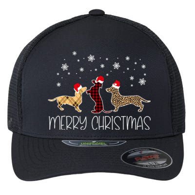 Dachshund Merry Christmas Cute Plaid Leopard Doxie Dog Xmas Flexfit Unipanel Trucker Cap