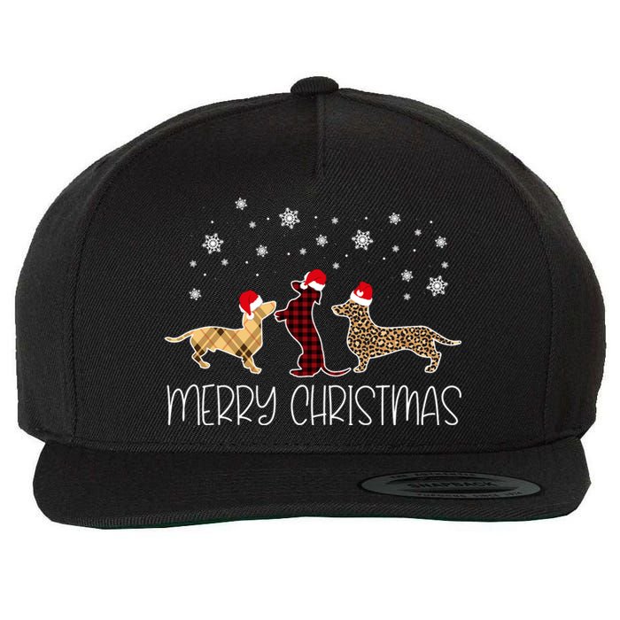 Dachshund Merry Christmas Cute Plaid Leopard Doxie Dog Xmas Wool Snapback Cap