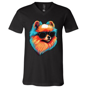 Dad Mom Cool Dog Sunglasses Pomeranian V-Neck T-Shirt