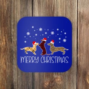 Dachshund Merry Christmas Cute Plaid Leopard Doxie Dog Xmas Gift Coaster