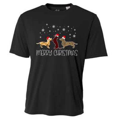 Dachshund Merry Christmas Cute Plaid Leopard Doxie Dog Xmas Cooling Performance Crew T-Shirt