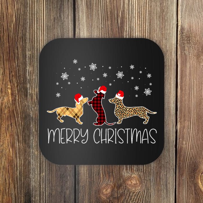 Dachshund Merry Christmas Cute Plaid Leopard Doxie Dog Xmas Coaster