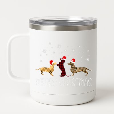 Dachshund Merry Christmas Cute Plaid Leopard Doxie Dog Xmas 12 oz Stainless Steel Tumbler Cup