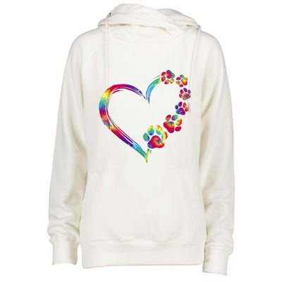 Dog Mom Dad Puppy Love Dogs Paw Print Heart Tie Dye Funny Womens Funnel Neck Pullover Hood