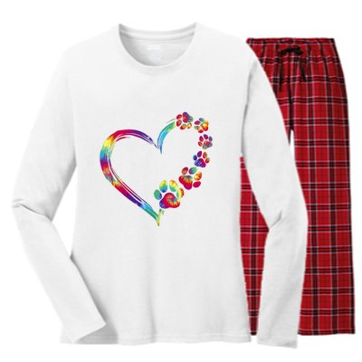 Dog Mom Dad Puppy Love Dogs Paw Print Heart Tie Dye Funny Women's Long Sleeve Flannel Pajama Set 