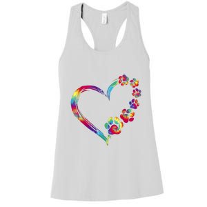 Dog Mom Dad Puppy Love Dogs Paw Print Heart Tie Dye Funny Women's Racerback Tank