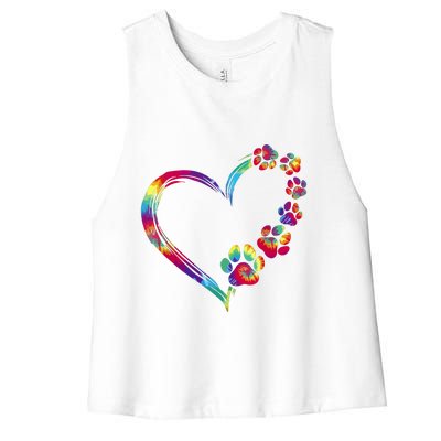 Dog Mom Dad Puppy Love Dogs Paw Print Heart Tie Dye Funny Women's Racerback Cropped Tank