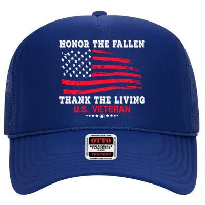 Distressed Memorial Day Honor The Fallen Thank The Living Gift High Crown Mesh Back Trucker Hat