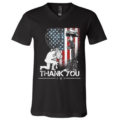 Distressed Memorial Day Flag Military Boots Dog Tags V-Neck T-Shirt