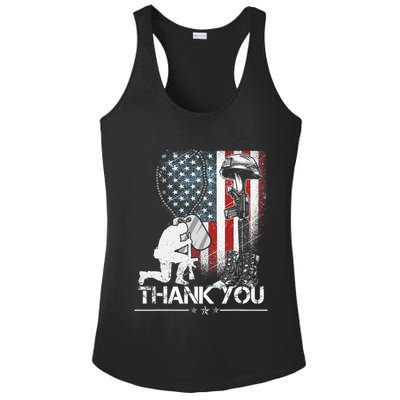 Distressed Memorial Day Flag Military Boots Dog Tags Ladies PosiCharge Competitor Racerback Tank