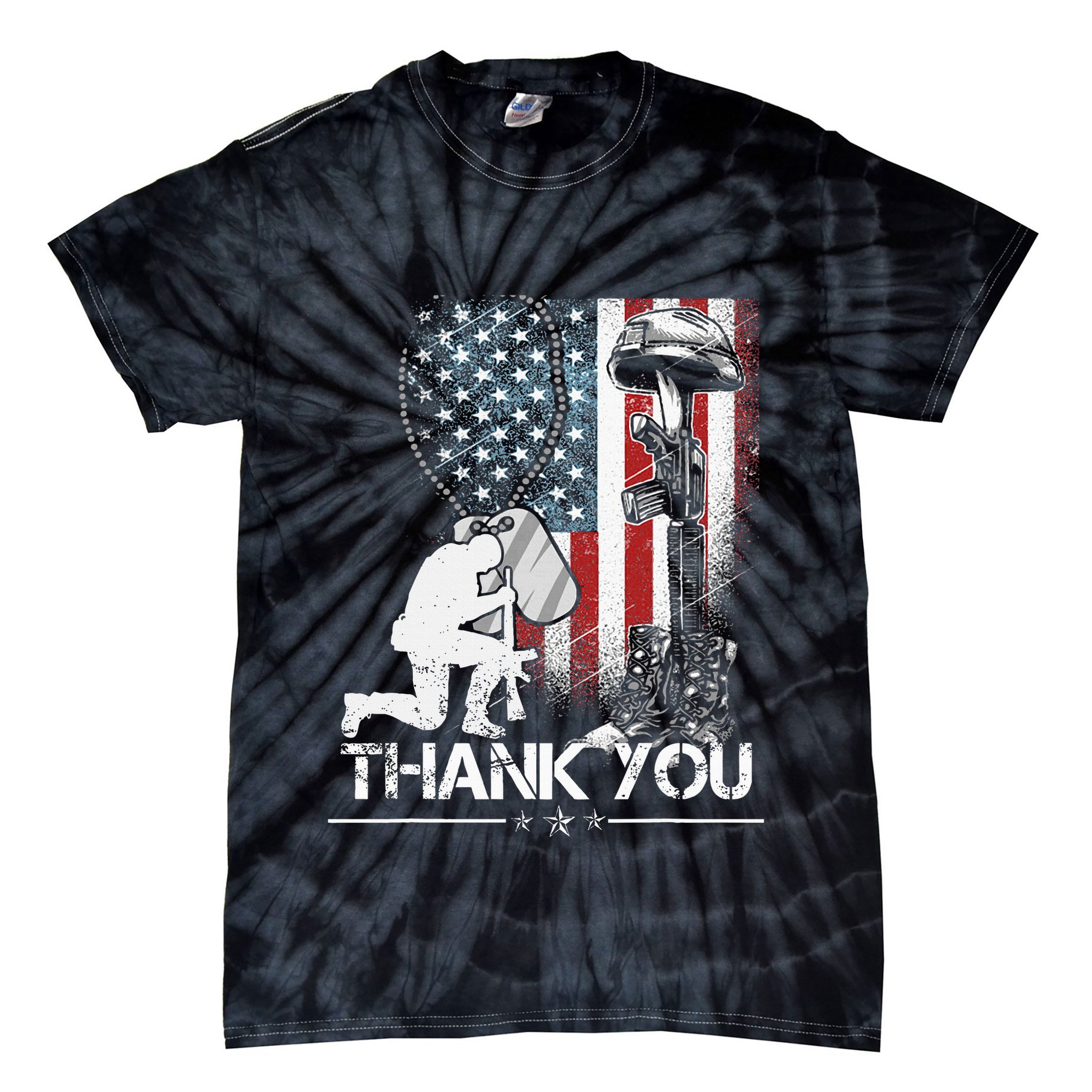 Distressed Memorial Day Flag Military Boots Dog Tags Tie-Dye T-Shirt