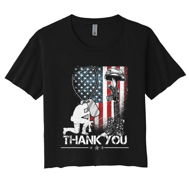 Distressed Memorial Day Flag Military Boots Dog Tags Crop Top