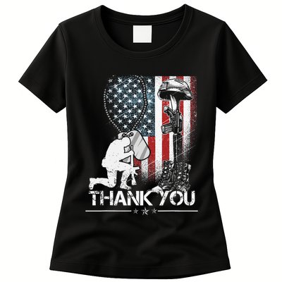 Distressed Memorial Day Flag Military Boots Dog Tags Womens T-Shirt