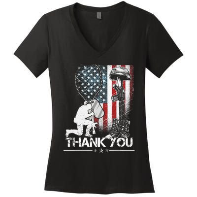 Distressed Memorial Day Flag Military Boots Dog Tags Women's V-Neck T-Shirt